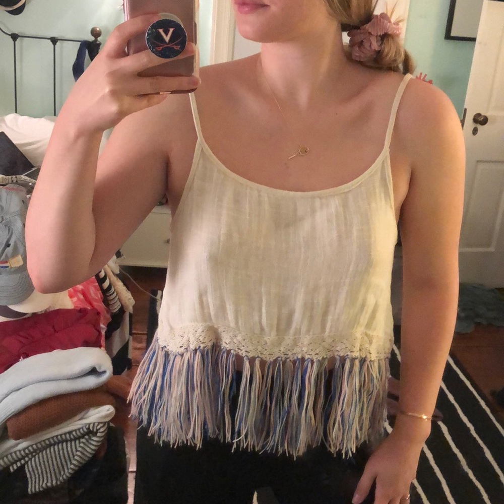SURF GYPSY embroidered and tasseled crop tank top